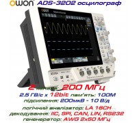 OWON ADS3202 осцилограф 2 х 200МГц,  виборка: 2.5 ГВ/с,  пам'ять: 100 Mpts, +LA 16CH, декодування: I²C, SPI, RS232/UART, CAN, LIN 