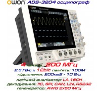 OWON ADS3204 осцилограф 4 х 200МГц,  виборка: 2.5 ГВ/с,  пам'ять: 100 Mpts, декодування: I²C, SPI, RS232/UART, CAN, LIN 