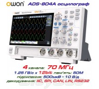 OWON ADS804A осцилограф 4 х 70МГц,  виборка: 1.25 ГВ/с, роздільність: 12 Bit,  пам'ять: 50 Mpts, декодування: I²C, SPI, RS232/UART, CAN, LIN 