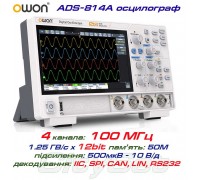OWON ADS814A осцилограф 4 х 100МГц,  виборка: 1.25 ГВ/с, роздільність: 12 Bit,  пам'ять: 50 Mpts, декодування: I²C, SPI, RS232/UART, CAN, LIN 