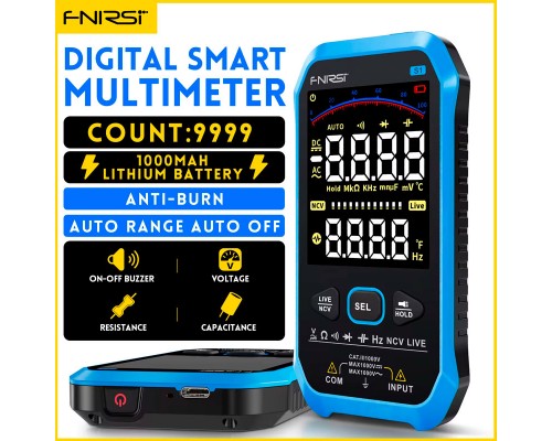 FNIRSI-S1, Smart-мультиметр TrueRMS, відліків: 9999, напруга: 1000В, струм: 10А, опір: 100MОм, ёмність: 10 мФ, частота: 10 МГц, детектування NCV