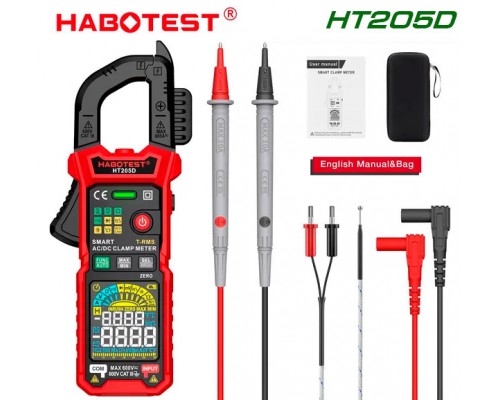 HABOTEST HT205D, струмові кліщі TrueRMS, AC/DC 600A, напруга AC / DC 600В, опір: 60 МОм, ємність: 60мФ, частота: до 10 МГц, Live, NCV, INRUSH, температура: до 1000 ºС.