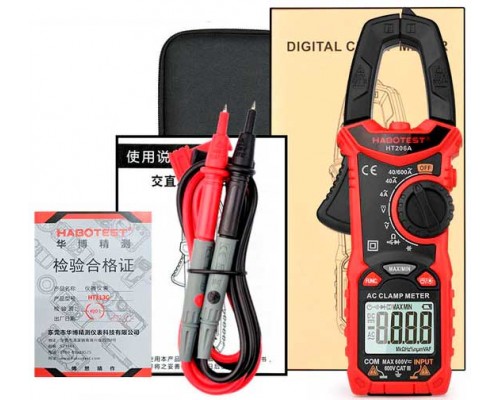 HABOTEST HT206A, струмові кліщі, AC 600A, напруга AC/DC 600В, опір: 60кОм, тест провідності