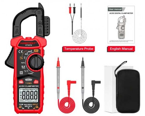 HABOTEST HT207D, струмові кліщі TrueRMS, AC/DC 400A, напруга AC / DC 600В, опір: 40 МОм, ємність: 100мФ, частота: до 10 МГц, LowZ, LPF, температура: до 1000 ºС.