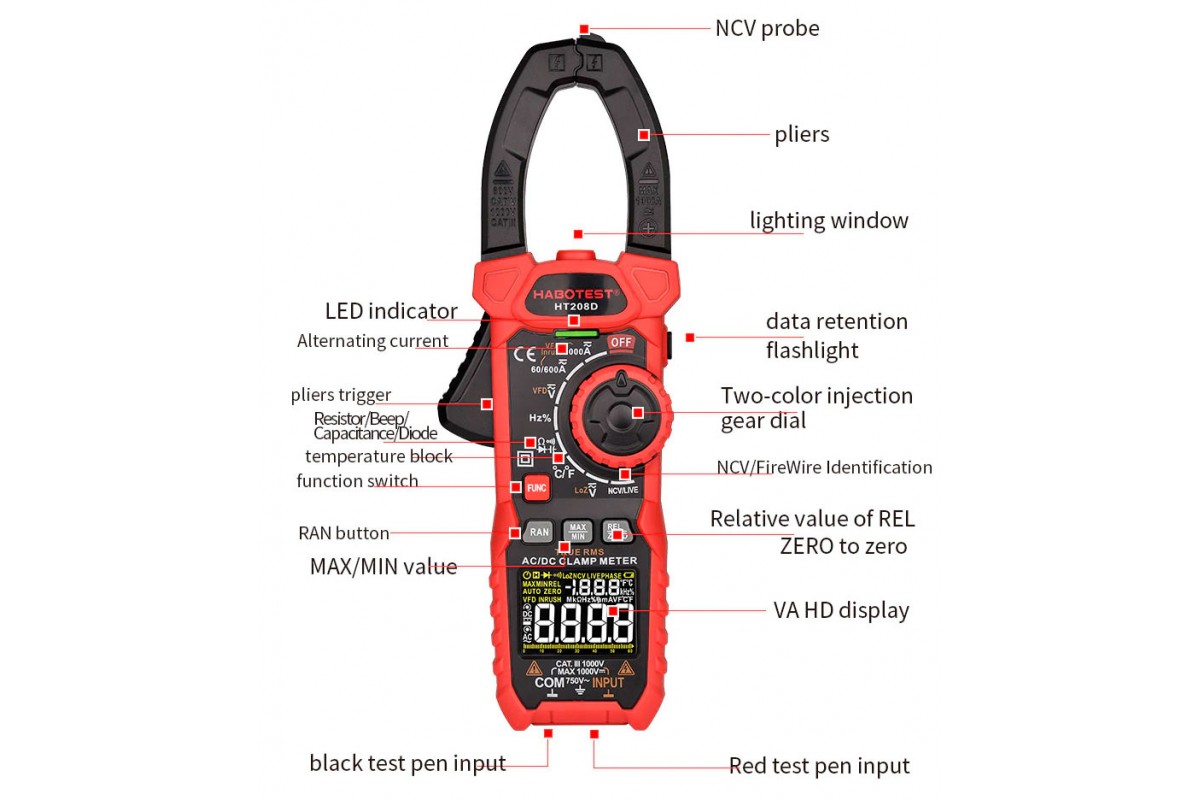 HABOTEST HT208D, струмові кліщі TrueRMS, AC/DC 1000A, напруга AC