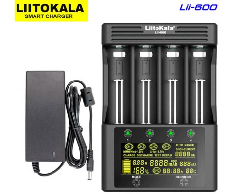 LiitoKala Lii-600 універсальний зарядний пристрій на 4 слота, для АА, ААА,18650, 26650, 21700 Li-Ion, LiFePO4, NiCd/NiMH акумуляторів
