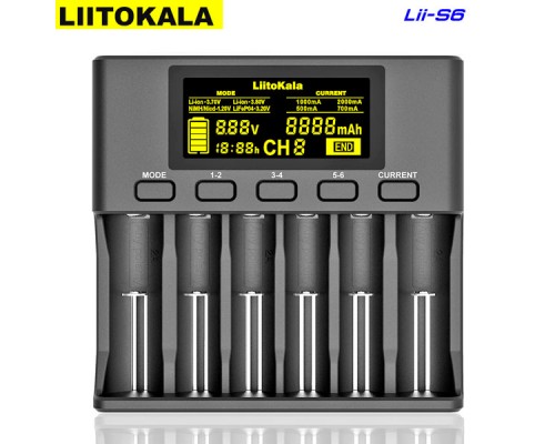 Lii-S6 LiitoKala, зарядний пристрій на 6 каналів для AA, AAA, 18650, 26650, 21700 Li-ion, LiFePo4, Ni-Mh акумуляторів
