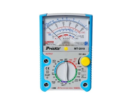 Pro'sKit MT-2019, аналоговий мультиметр, напруга AC / DC 250В, опір 20 МОм, ємність 2000мкФ, тест транзисторів та елементів живлення 1,5/9В