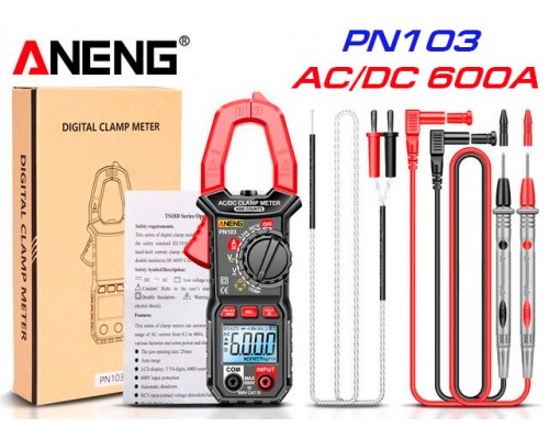 ANENG PN103, струмові кліщі, AC/DC 600A, напруга AC/DC 600В, опір: 60 МОм, ємність: 60мФ, температура: до 250 ºС.
