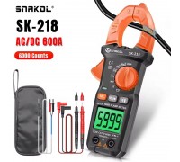 SNAKOL SK218, струмові кліщі TrueRMS, AC/DC 600A, напруга AC / DC 600В, опір: 60 МОм, ємність: 60мФ, частота: до 20кГц NCV, температура: до 1000 ºС.