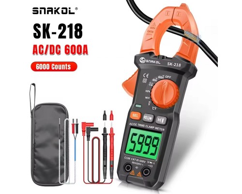 SNAKOL SK218, струмові кліщі TrueRMS, AC/DC 600A, напруга AC / DC 600В, опір: 60 МОм, ємність: 60мФ, частота: до 20кГц NCV, температура: до 1000 ºС.