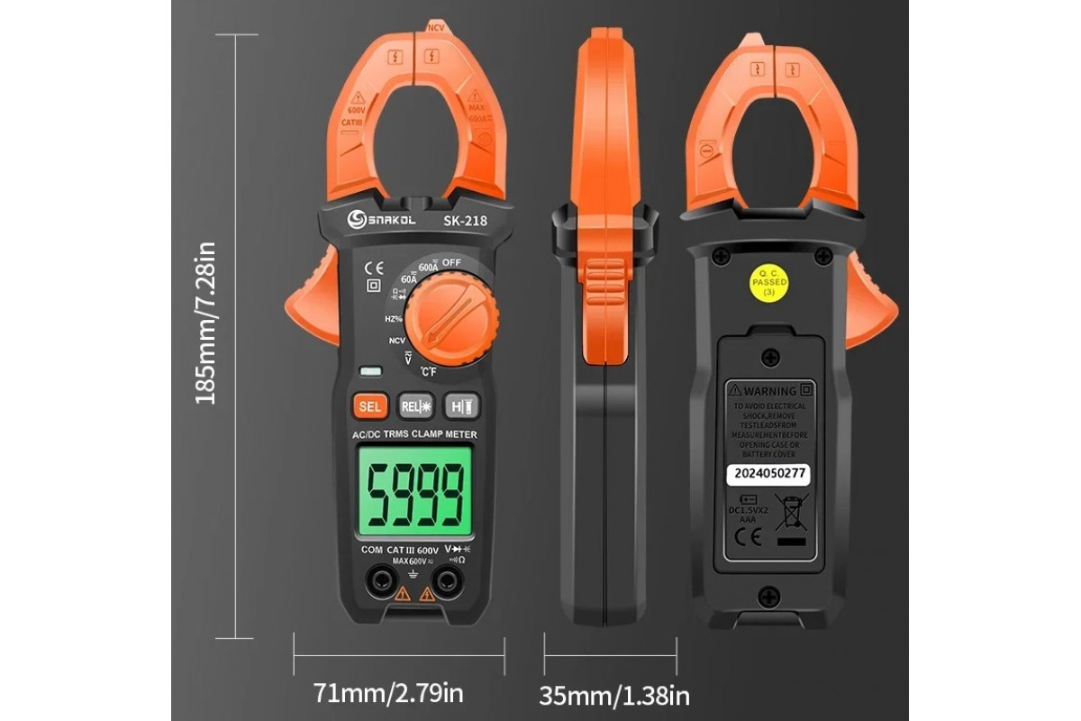 SNAKOL SK218, струмові кліщі TrueRMS, AC/DC 600A, напруга AC / DC