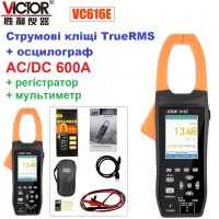 VICTOR VC616E, токовые клещи + осциллограф + регистратор, AC/DC 600A, напряжеие AC/DC 1000В, сопротивление: 100МОм, ёмкость: 20мФ, частота: до 20 МГц, Bluetooth