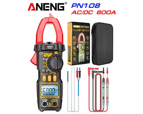 ANENG PN108, струмові кліщі, AC/DC 600A, напруга AC/DC 600В, опір: 20 МОм, ємність: 100мФ, температура: до 1000 ºС.