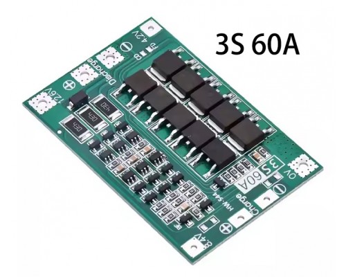 Плата контролера BMS 3S з балансиром, Li-ion 60А, 12.6V, для захисту и зарядки Li-ion акумуляторів