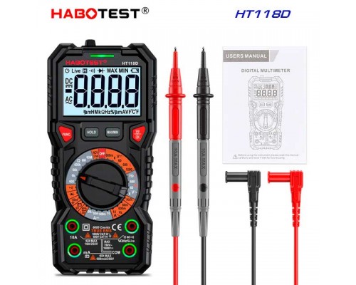HABOTEST, HT118D, мультиметр TrueRMS, відліків: 6000, напруга: DC 1000В / AC 750В струм: 10А, опір: 60МОм,  ємність: 100мФ, частота: 10МГц, детектування NCV