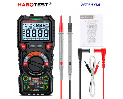 HABOTEST, HT118A, мультиметр TrueRMS, відліків: 6000, напруга: DC 1000В / AC 750В струм: 10А, опір: 60МОм, ємність: 100мФ, частота: 10МГц, температура до 1000 С, детектування NCV