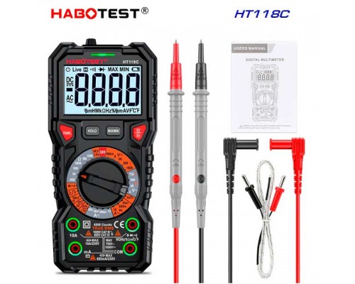 HABOTEST, HT118C, мультиметр TrueRMS, відліків: 6000, напруга: DC 1000В / AC 750В струм: 10А, опір: 60МОм, ємність: 100мФ, частота: 10МГц, температура до 1000 С,  детектування NCV