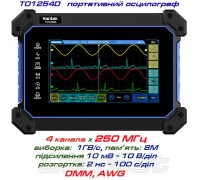 Hantek TO1254D портативний осцилограф 4 х 250МГц, вибірка: 1 ГВ/с, пам'ять: 8Мб, дисплей: 7'' TFT,  +AWG, +DMM