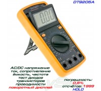 DT9205A, цифровий мультиметр, вимірювання ємності, опору, AC/DC струму та напруги, частоти, тестування транзисторів