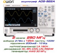 OWON ADS922A осцилограф 2 х 250МГц,  виборка: 2 ГВ/с, роздільність: 12 Bit,  пам'ять: 100 Mpts, +LA 16CH, декодування: I²C, SPI, RS232/UART, CAN, LIN 