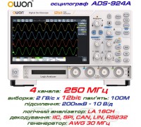 OWON ADS924A осцилограф 4 х 250МГц,  виборка: 2 ГВ/с, роздільність: 12 Bit,  пам'ять: 100 Mpts, +LA 16CH, декодування: I²C, SPI, RS232/UART, CAN, LIN 